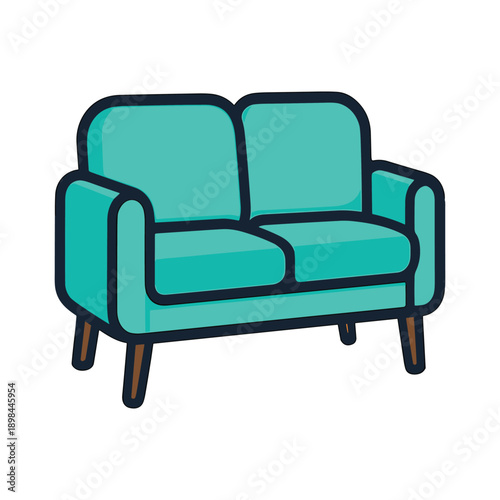 Turquoise sofa with wooden legs flat vector