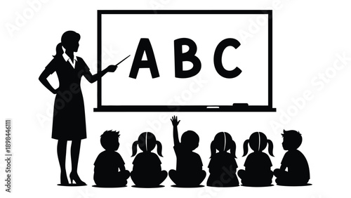 Teacher instructing students in front of a large chalkboard with abc Vector