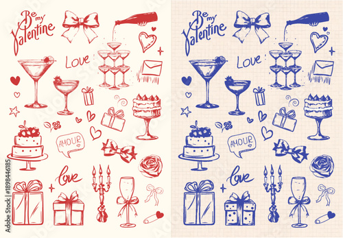 Set of hand drawn coquette elements for Valentines day, wedding invitation, birthday card. Cute bows, cocktail, presents. Vector illustration in sketch style.