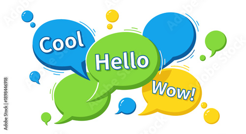 colorful speech bubbles with hello cool wow