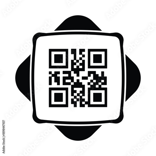 Minimal black and white illustration of a QR code printed on a receipt or ticket icon, centered on a circular background. Concept of digital payment, scanning, billing, e-commerce, and contactless tra