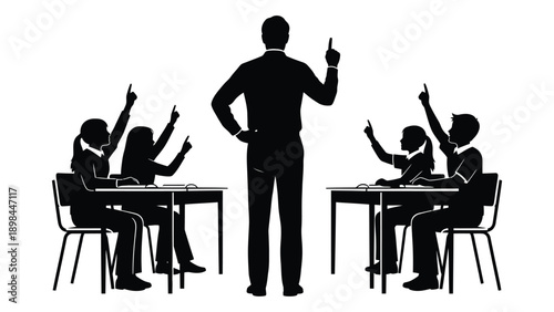 Teacher instructing students in a classroom setting with raised hands Vector