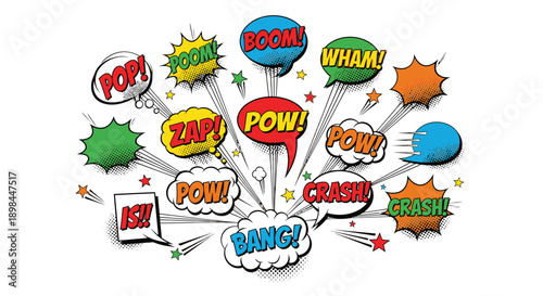 Comic book explosion with colorful speech bubbles