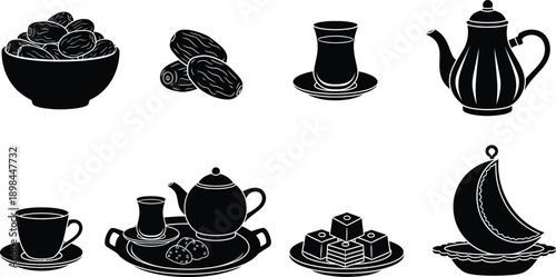 Islamic Food and Drink Icons Silhouette vector illustration