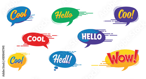 colorful speech bubbles with hello cool wow text