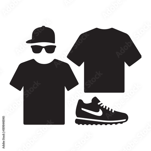 Casual fashion icon set featuring cap, sunglasses, t-shirt, and sneaker silhouettes.