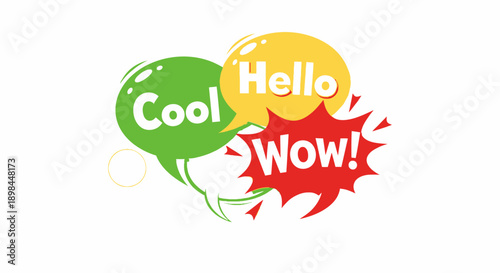 colorful speech bubbles with cool hello wow text