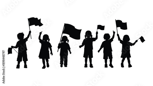 Silhouette of children holding flags and waving them in the air Vector