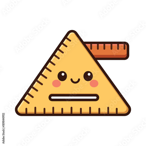 Cute triangular ruler with smiling face flat vector illustration