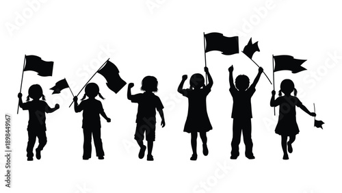 Silhouette of diverse group of people holding flags of different shapes and sizes Vector