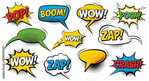 Comic book speech bubbles with wow, zap, boom, pop