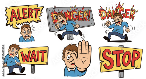cartoon man warning signs