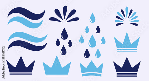 Collection of blue crown and water drop icons in various designs.