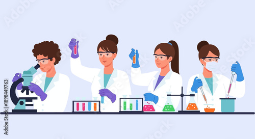 Scientists in lab coats conducting experiments and research in a laboratory setting.