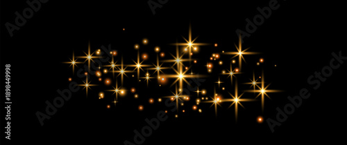 Orange glittering dots, particles, stars magic sparks. Glow flare light effect. Orange luminous points. Vector particles on black background.