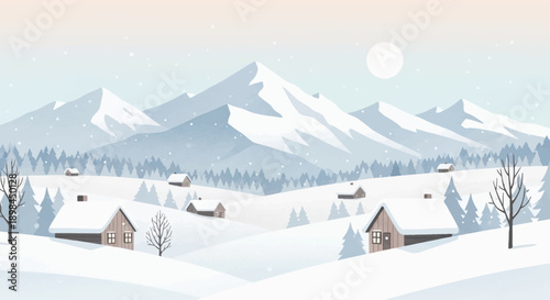 Winter landscape with snow-covered mountains and houses in a serene village.
