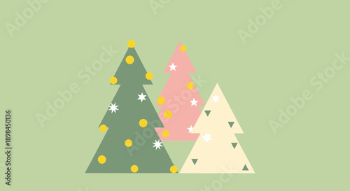Colorful Christmas Trees with Ornaments on Green Background.