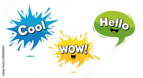 colorful comic speech bubbles with cool wow and hello text