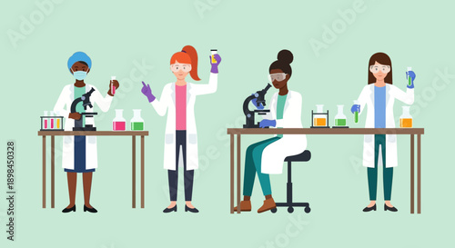 Diverse group of scientists conducting experiments in a laboratory setting.