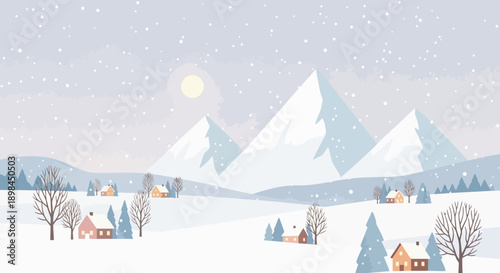 Tableau sur toile Winter landscape with snow-covered mountains and houses.