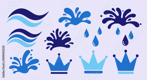 Collection of blue water splash and crown icons.