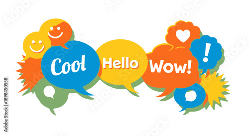 colorful speech bubbles with cool hello wow text