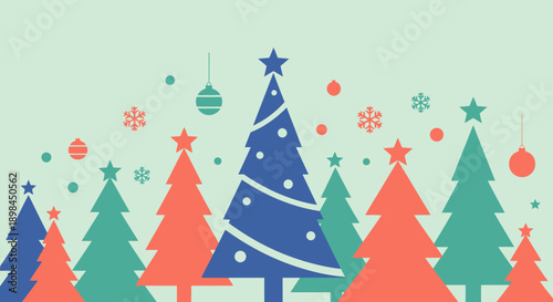 Colorful Christmas trees with ornaments and stars.