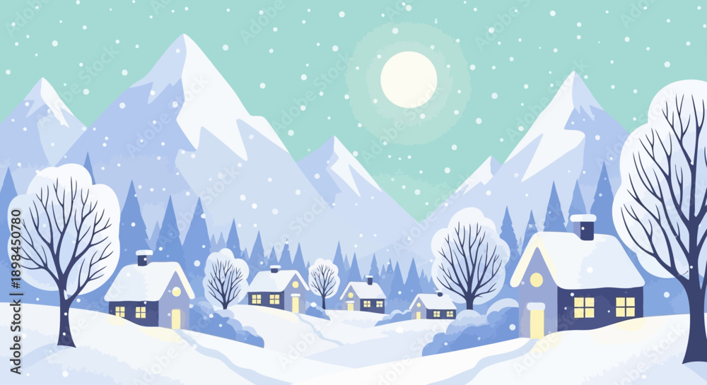Fototapeta premium Winter landscape with snow-covered houses and mountains under a full moon.