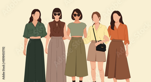 Diverse group of women in fashionable clothing and accessories.