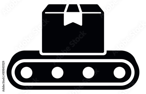 Bold graphic illustration of a delivery box depicting automated transport on a conveyor belt for logistics
