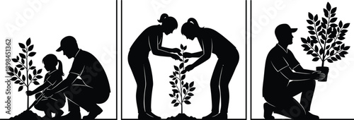 Black and white silhouette illustration of people planting trees and gardening in horizontal sequence for environmental conservation and sustainability concept,