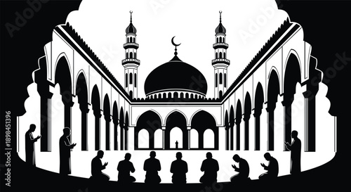 Black and White Mosque Interior Silhouette Illustration Featuring Praying Figures Under a Grand Dome with Minarets and Islamic Architectural Arches