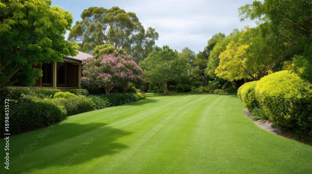 Obraz premium Lush Green Lawn Surrounded by Vibrant Trees and Flowering Shrubs Under Bright Blue Sky in a Peaceful Residential Garden Setting