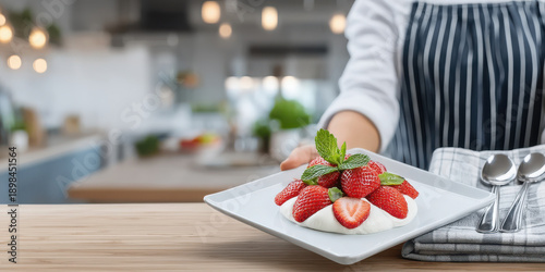 Wallpaper Mural Fresh strawberry dessert with cream and mint leaves on white plate held by person in kitchen Torontodigital.ca