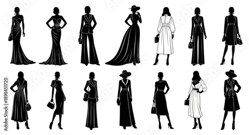 Fashionable silhouettes of women in elegant dresses and outfits.