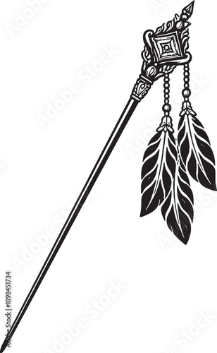 Decorative Feather Staff Vector Illustration in Boho Tribal Style