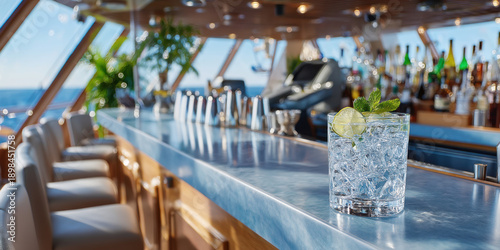 Cocktail glass with ice and lime on cruise ship bar counter with ambient light