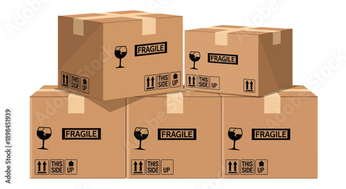 Brown cardboard boxes stacked, clearly marked fragile for safe