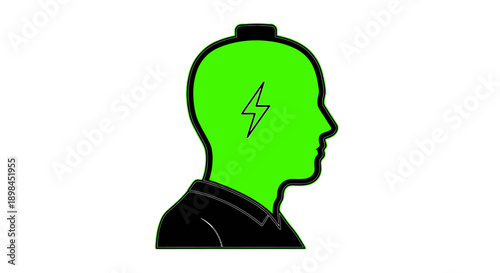 Neon outline of a head as a fully charged battery icon with lightning
