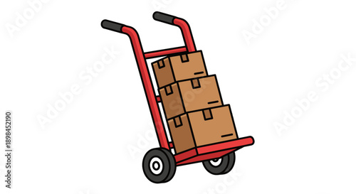 Red hand truck with three cardboard boxes ready for delivery or moving