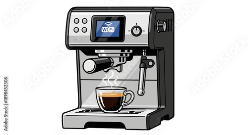 Modern espresso machine brewing fresh coffee with Wi-Fi display