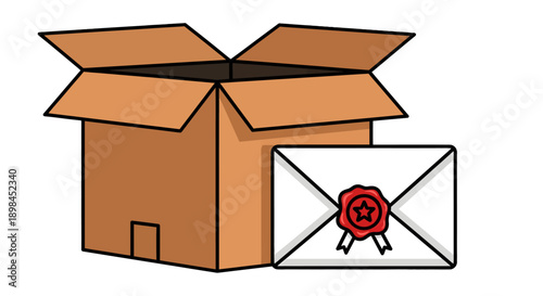 Open cardboard box with a sealed envelope containing an important