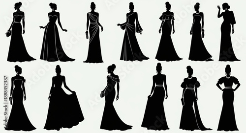 Elegant Women Silhouettes in Evening Gowns.