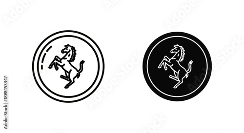Playful rearing horse on a gold coin and in a black circle, representing luck, wealth, and the Year of the Horse.