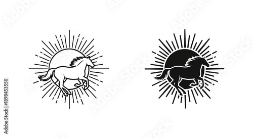 Running horse with sunburst icon, freedom symbol, dynamic energy, vector art
