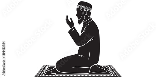 Man in silhouette sitting on a prayer mat with hands raised in a gesture of supplication or prayer on a white background with Islamic and Muslim,pro