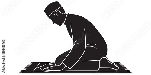 Man in silhouette sitting on a prayer mat with hands raised in a gesture of supplication or prayer on a white background with Islamic and Muslim,pro