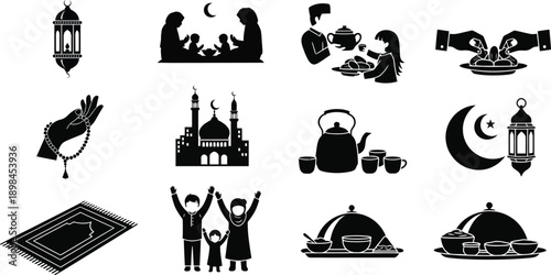 Islamic Ramadan Icons Collection With Family Prayer Food And Mosque Symbols muslim
