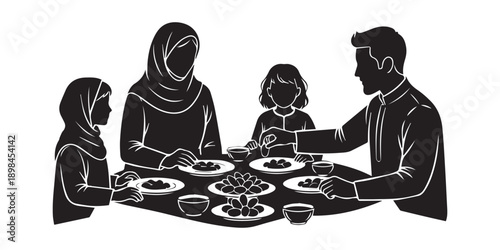 Muslim family enjoying iftar meal together during Ramadan on White background,Family iftar together vector icon black silhouette white background ,black,pro