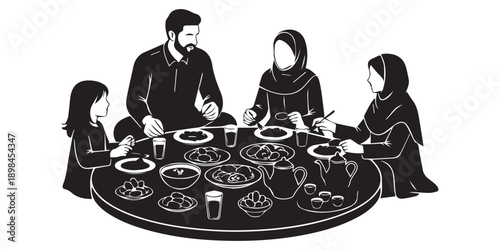 Muslim family enjoying iftar meal together during Ramadan on White background,Family iftar together vector icon black silhouette white background ,black,pro
